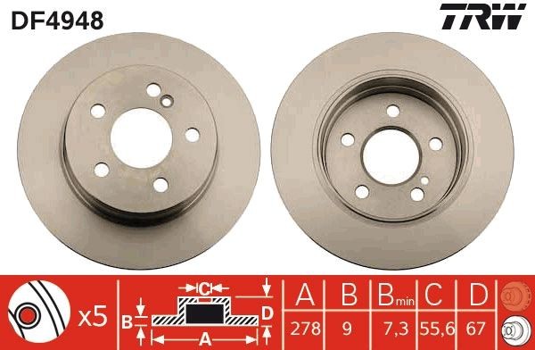 TRW 278x9mm, 5x100, solid, Painted Ø: 278mm, Num. of holes: 5, Brake Disc Thickness: 9mm Brake rotor DF4948 buy