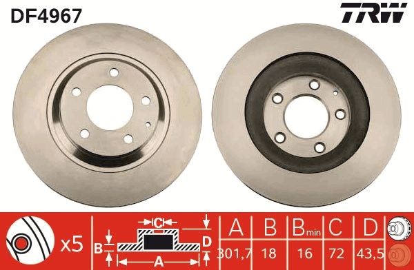TRW 301x18mm, 5x114, Vented, Painted Ø: 301mm, Num. of holes: 5, Brake Disc Thickness: 18mm Brake rotor DF4967 buy