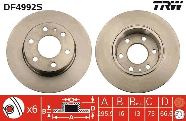 TRW DF4992S Brake disc 296x16mm, 6x125, solid, Painted