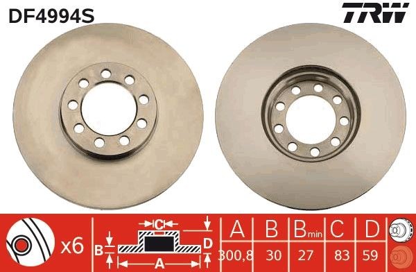 TRW 300,8x30mm, 9x111, Vented, Painted Ø: 300,8mm, Num. of holes: 9, Brake Disc Thickness: 30mm Brake rotor DF4994S buy