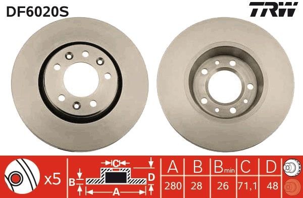 TRW 280x28mm, 5x108, Vented Ø: 280mm, Num. of holes: 5, Brake Disc Thickness: 28mm Brake rotor DF6020S buy