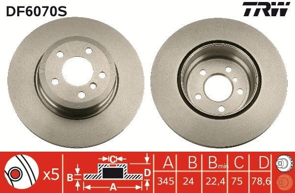 TRW DF6070S Brake disc 345x24mm, 5x120, Vented, Painted, High-carbon