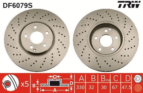 TRW DF6079S Brake disc 330x32mm, 5x112, slotted/perforated, Painted