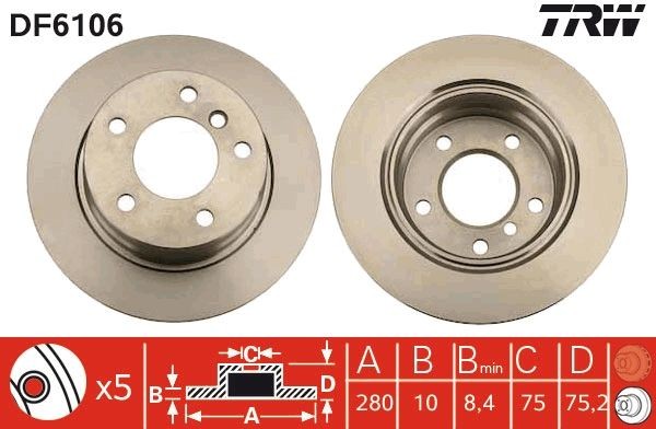 TRW DF6106 Brake disc 280x10mm, 5x120, solid, Painted