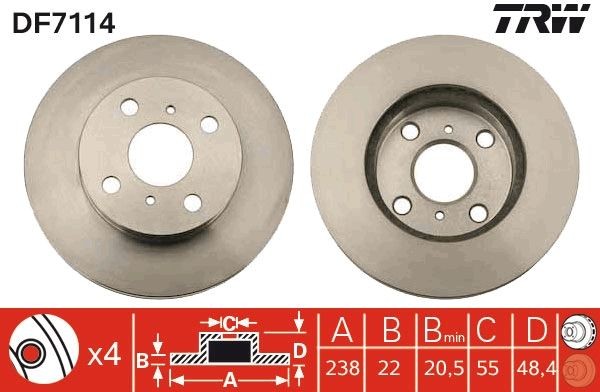 TRW 238x22mm, 4x100, Vented, Painted Ø: 238mm, Num. of holes: 4, Brake Disc Thickness: 22mm Brake rotor DF7114 buy