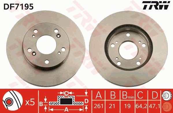 TRW 262x21mm, 5x114,3, Vented, Painted Ø: 262mm, Num. of holes: 5, Brake Disc Thickness: 21mm Brake rotor DF7195 buy