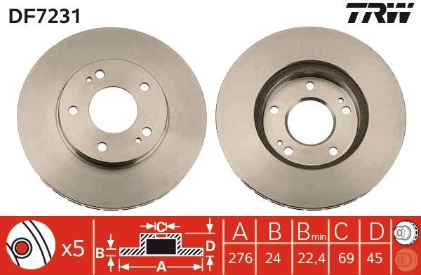 TRW 276x24mm, 5x114,3, Vented, Painted Ø: 276mm, Num. of holes: 5, Brake Disc Thickness: 24mm Brake rotor DF7231 buy