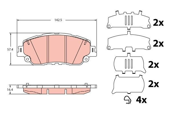 TRW not prepared for wear indicator, with accessories Height: 57,4mm, Width: 142,5mm, Thickness: 16,4mm Brake pads GDB2354 buy