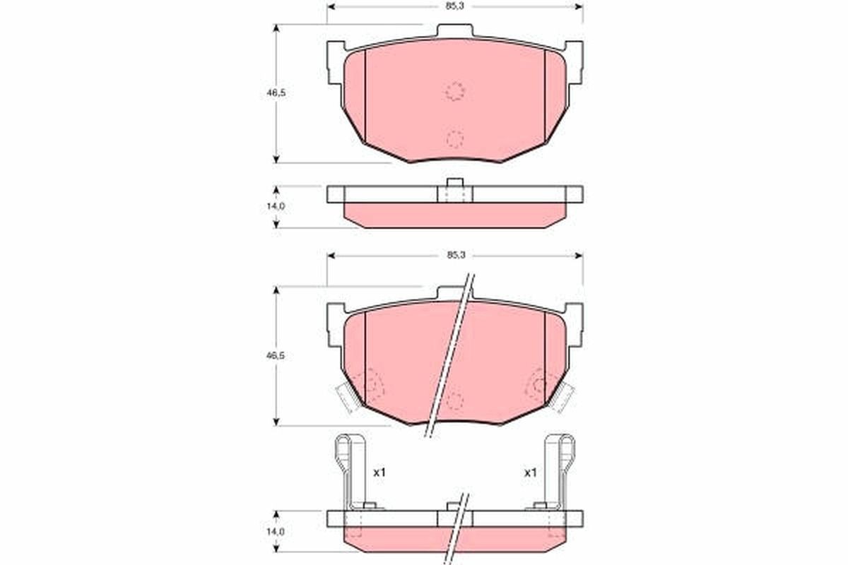 21553 TRW with acoustic wear warning Height: 46,5mm, Width: 85,3mm, Thickness: 14mm Brake pads GDB1010 buy
