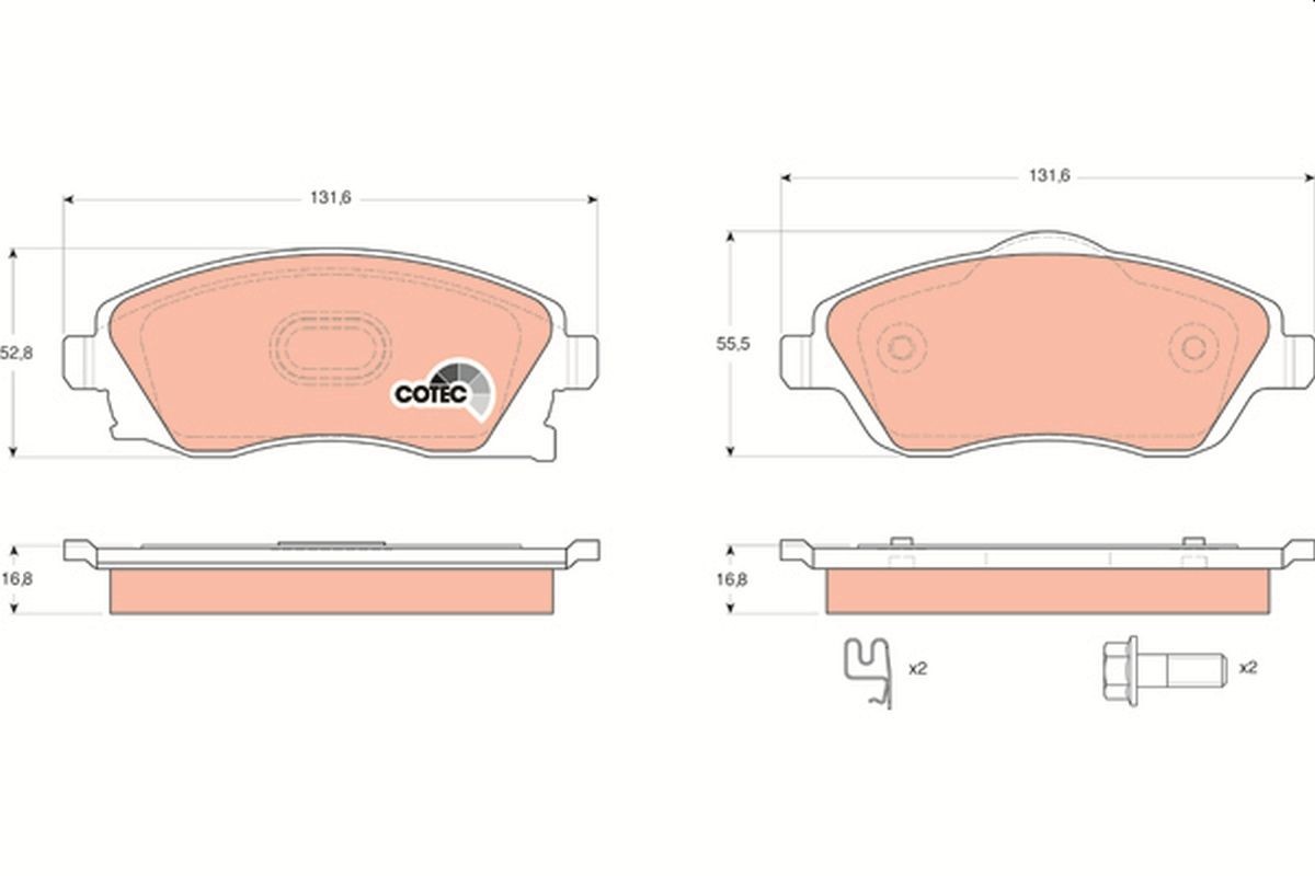 GDB1570 Set of brake pads 23225 TRW with acoustic wear warning, with brake caliper screws, with accessories