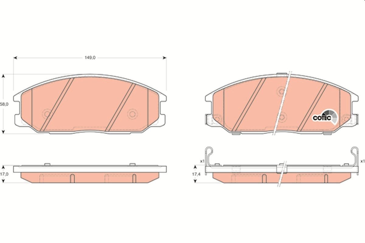 23569 TRW COTEC with acoustic wear warning Height: 58mm, Width: 149mm, Thickness: 17,4mm Brake pads GDB3297 buy