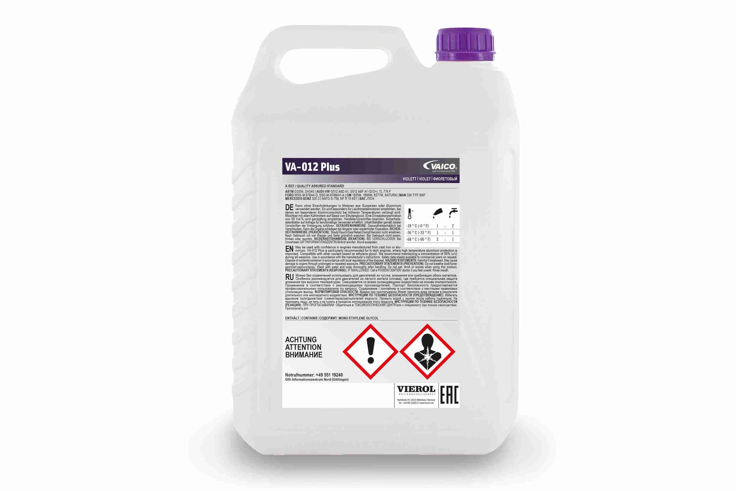 V60-0070 Glycol antifreeze VA-012 Plus VAICO G12+ purple, 5l, -38(50/50), Q+, original equipment manufacturer quality MADE IN GERMANY