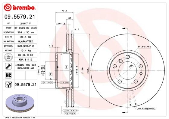 09.5579.21 Brake discs 09.5579.21 BREMBO 324x30mm, 5, internally vented, Coated, High-carbon