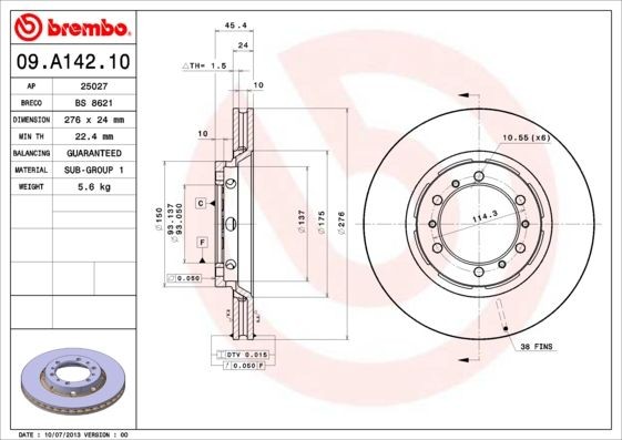 BREMBO 276x24mm, 6, internally vented Ø: 276mm, Num. of holes: 6, Brake Disc Thickness: 24mm Brake rotor 09.A142.10 buy