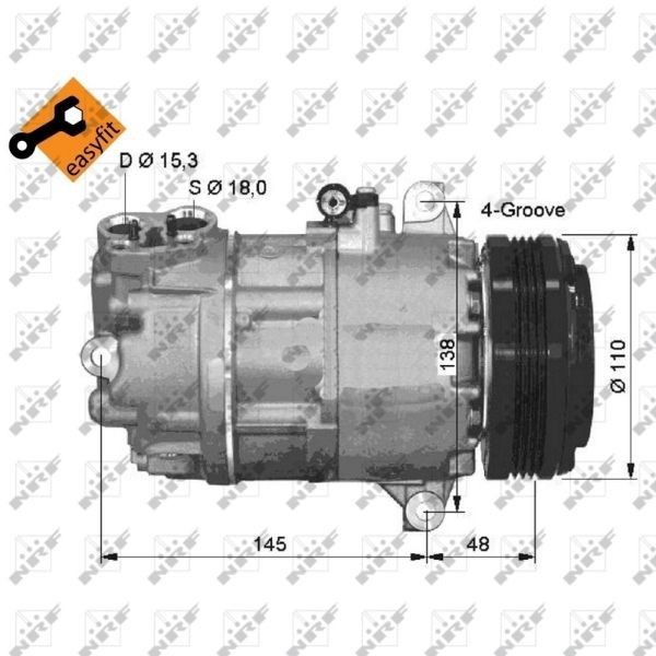 NRF EASY FIT 32493 Air conditioning compressor CSV613C, 12V, PAG 46, with PAG compressor oil, with seal ring