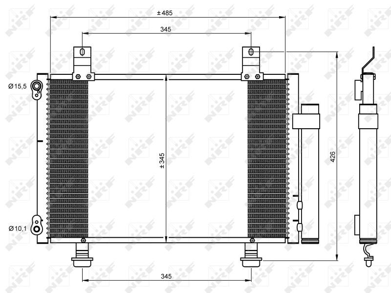 NRF 35645 Air conditioning condenser with dryer, 15,5mm, 10,1mm, Aluminium, 485mm