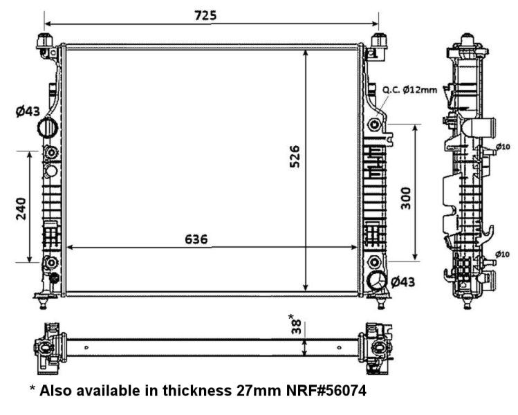 NRF 53936 Engine radiator Aluminium, 636 x 526 x 38 mm, Brazed cooling fins