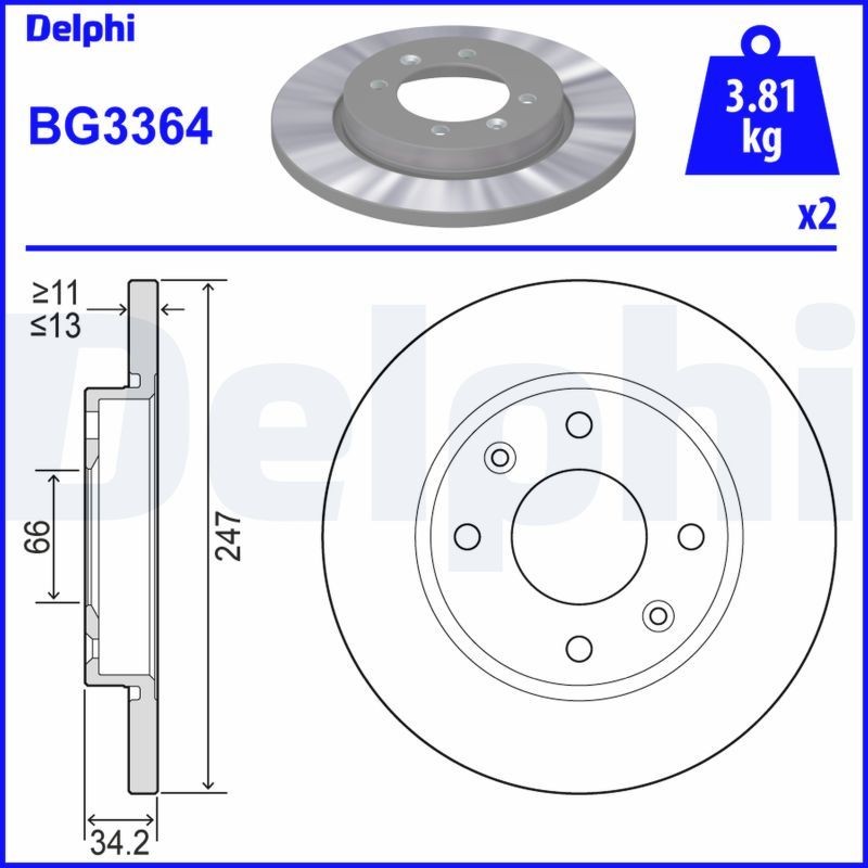 BG3364 DELPHI Brake rotors PEUGEOT 247x13mm, 4, solid, Oiled, Untreated
