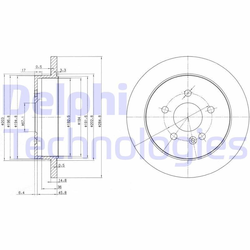 DELPHI BG3398 Disco freno 285x15mm, 5, pieno, Oleato, non trattato, senza cuscinetto ruota, senza anello sensore ABS