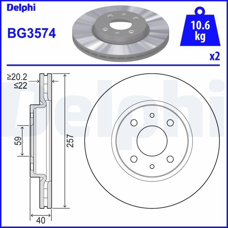 Brake disc kit DELPHI 257x22mm, 4, Vented, Oiled, Untreated - BG3574