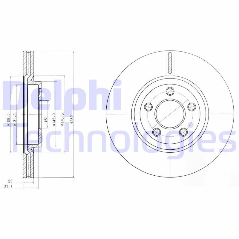 DELPHI 280x23mm, 5, Vented, Oiled, Untreated Ø: 280mm, Num. of holes: 5, Brake Disc Thickness: 23mm Brake rotor BG3704 buy