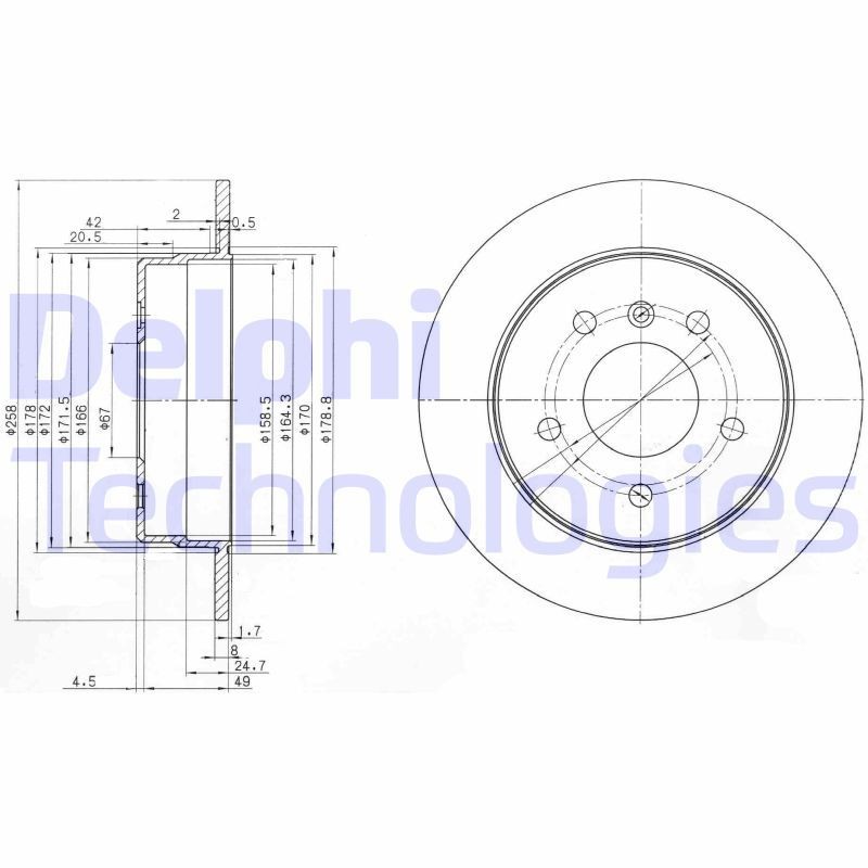 DELPHI BG3710 Disco freno 258x8mm, 5, pieno, Oleato, non trattato, senza cuscinetto ruota, senza anello sensore ABS