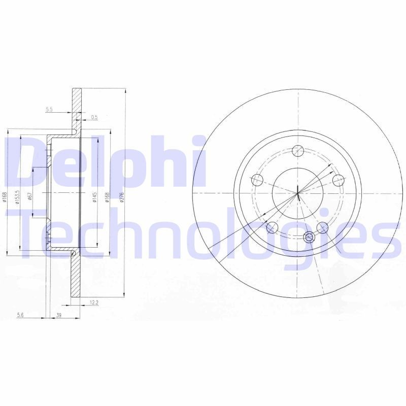 DELPHI BG3840 Disco freno 276x12mm, 5, pieno, Oleato, non trattato, senza cuscinetto ruota, senza anello sensore ABS