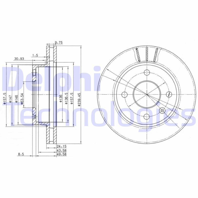 DELPHI 240x24,4mm, 4, Vented, Oiled, Untreated Ø: 240mm, Num. of holes: 4, Brake Disc Thickness: 24,4mm Brake rotor BG2367 buy