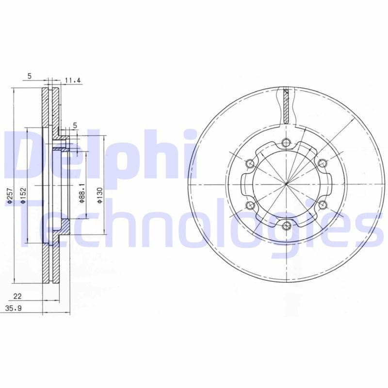 DELPHI 257x22mm, 6, Vented, Oiled, Untreated Ø: 257mm, Num. of holes: 6, Brake Disc Thickness: 22mm Brake rotor BG2524 buy