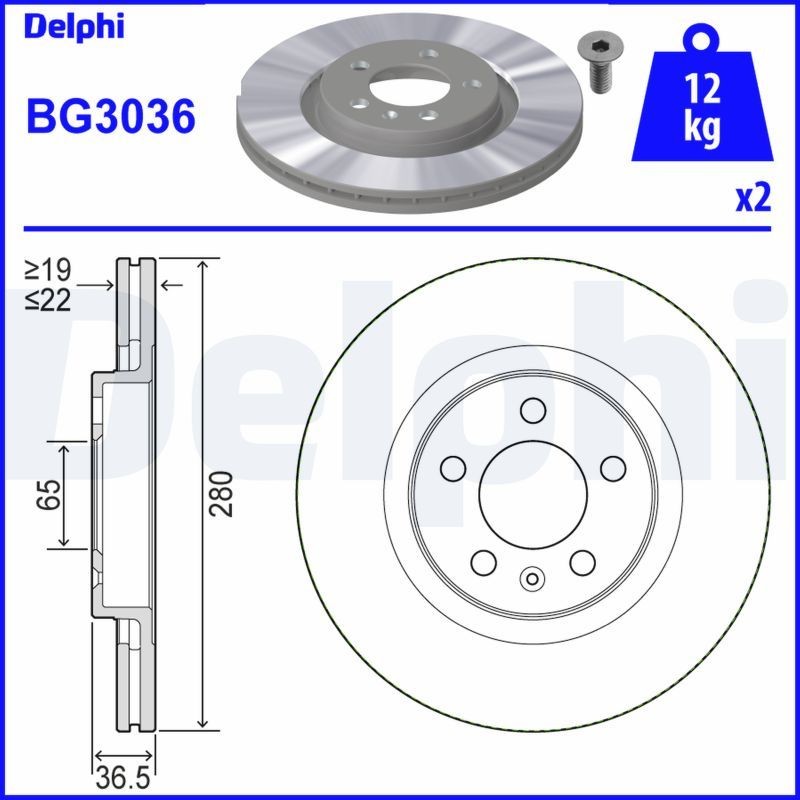 BG3036 Brake discs BG3036 DELPHI 280x22mm, 5, Vented, Oiled, Untreated