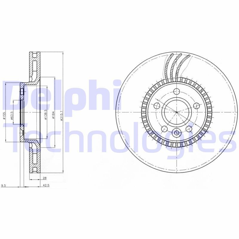 DELPHI 316x28mm, 5, Vented, Oiled, Untreated Ø: 316mm, Num. of holes: 5, Brake Disc Thickness: 28mm Brake rotor BG4123 buy