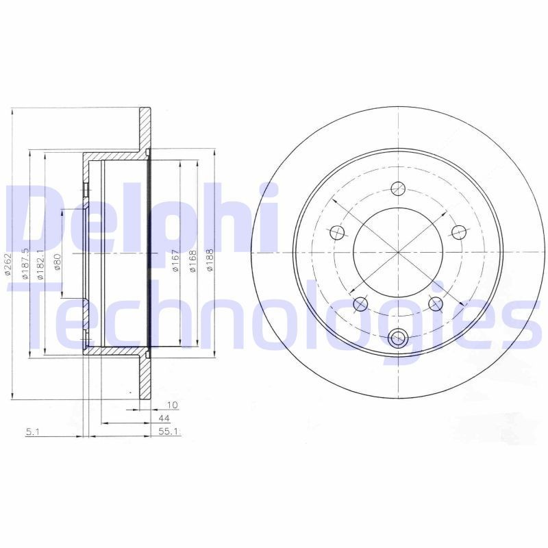 DELPHI 262x10mm, 5, solid, Oiled, Untreated Ø: 262mm, Num. of holes: 5, Brake Disc Thickness: 10mm Brake rotor BG4198 buy