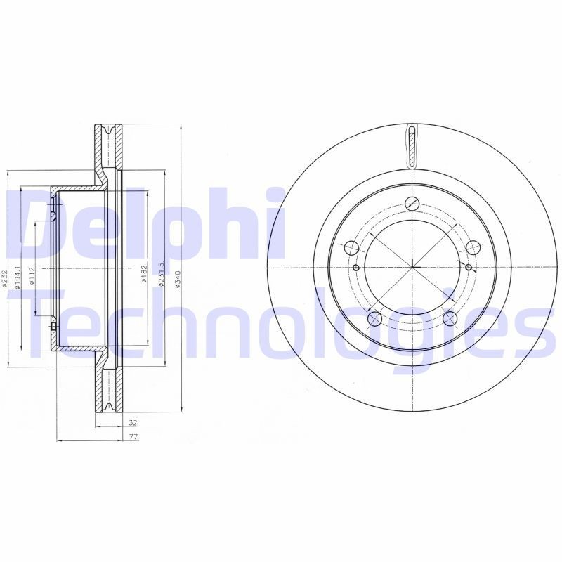 DELPHI 340x32mm, 5, Vented, Oiled, Untreated Ø: 340mm, Num. of holes: 5, Brake Disc Thickness: 32mm Brake rotor BG9067 buy