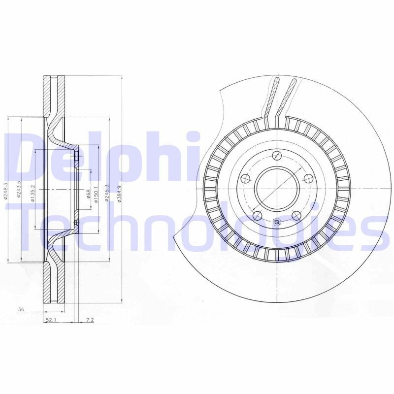 DELPHI 385x36mm, 5, Vented, High-carbon Ø: 385mm, Num. of holes: 5, Brake Disc Thickness: 36mm Brake rotor BG9070 buy