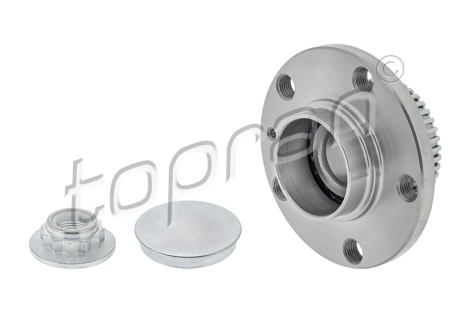 111 314 TOPRAN Wheel bearings AUDI Rear Axle Left, Rear Axle Right, with ABS sensor ring, Wheel Bearing integrated into wheel hub, with grease cap, with nut