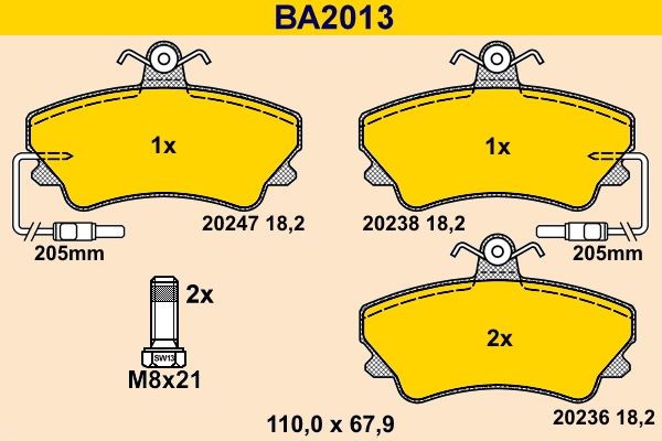 20236 Barum incl. wear warning contact, with brake caliper screws Height: 67,9mm, Width: 110,0mm, Thickness: 18,2mm Brake pads BA2013 buy