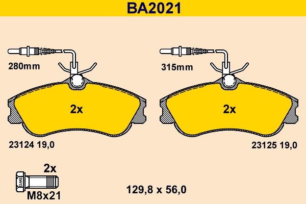 23124 Barum incl. wear warning contact, with brake caliper screws Height: 56,0mm, Width: 129,8mm, Thickness: 19,0mm Brake pads BA2021 buy