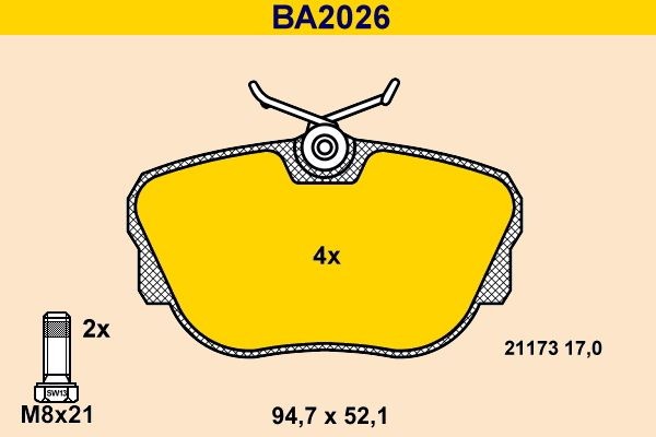 Brake pad set Barum prepared for wear indicator, excl. wear warning contact, with brake caliper screws - BA2026