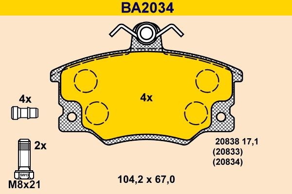 20833 Barum incl. wear warning contact, with brake caliper screws Height: 67,0mm, Width: 104,2mm, Thickness: 17,1mm Brake pads BA2034 buy
