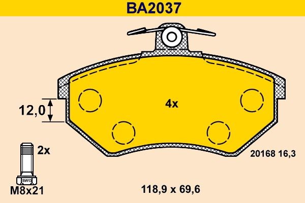20168 Barum excl. wear warning contact, with brake caliper screws Height: 69,6mm, Width: 118,9mm, Thickness: 16,3mm Brake pads BA2037 buy