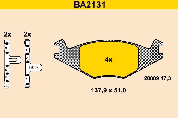 20889 Barum Bremsbeläge BA2131 nicht für Verschleißwarnanzeiger vorbereitet, exkl. Verschleißwarnkontakt, mit Zubehör Höhe: 51,0mm, Breite: 137,9mm, Dicke/Stärke: 17,3mm