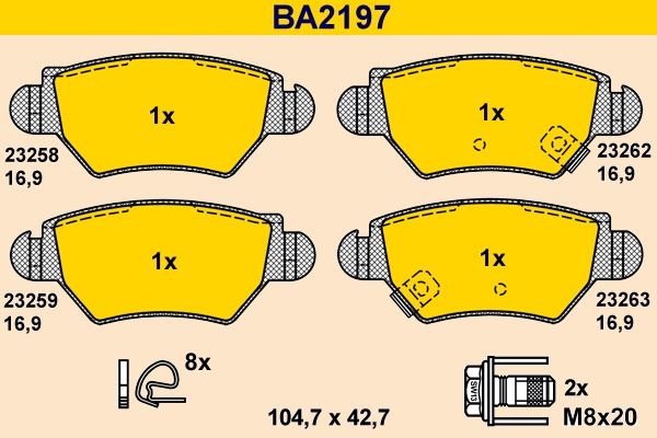 BA2197 Set of brake pads 23263 Barum with acoustic wear warning, with brake caliper screws, with accessories