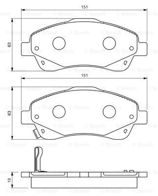 0986494054 Set of brake pads 23768 BOSCH Low-Metallic, with acoustic wear warning, with anti-squeak plate