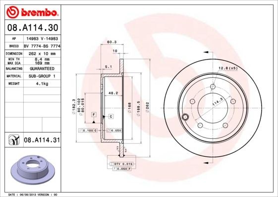 BREMBO 08.A114.31 Brake discs DODGE AVENGER 2007 in original quality