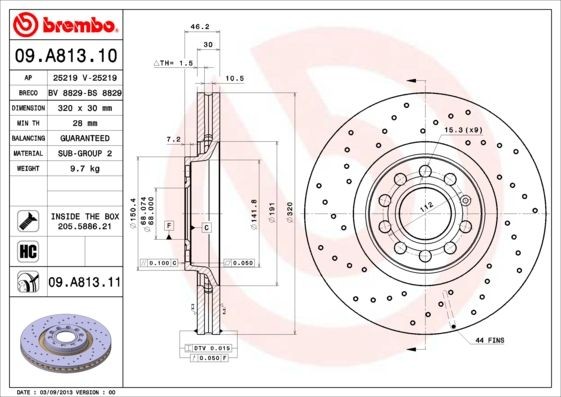 BREMBO COATED DISC LINE 09.A813.11 Brake disc 320x30mm, 5, perforated/vented, Coated, High-carbon