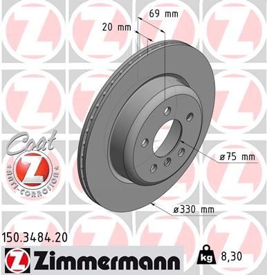 150.3484.20 Brake discs 150.3484.20 ZIMMERMANN 330x20mm, 6/5, 5x120, internally vented, Coated, High-carbon