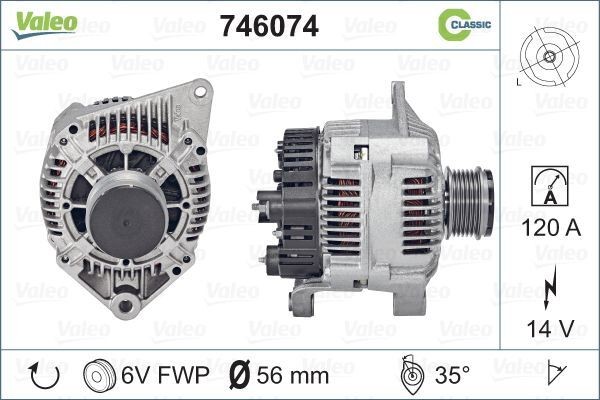 A13VI207 VALEO REMANUFACTURED CLASSIC 14V, 120A, R 35, Ø 56 mm, with integrated regulator Number of ribs: 6 Generator 746074 buy