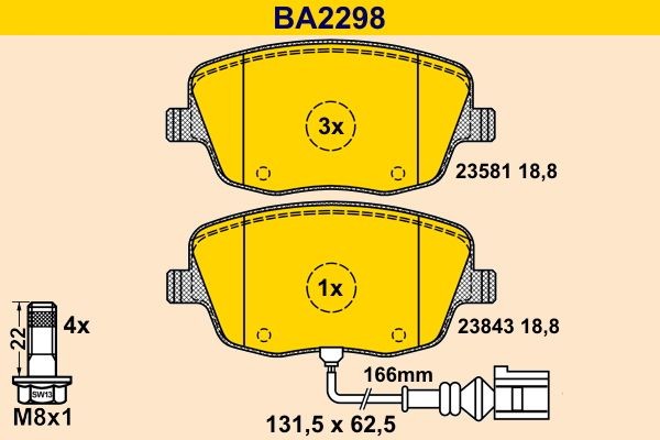 23581 Barum incl. wear warning contact, with brake caliper screws Height: 62,5mm, Width: 131,5mm, Thickness: 18,8mm Brake pads BA2298 buy