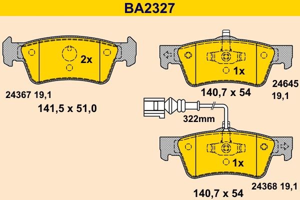 24367 Barum incl. wear warning contact Height 1: 51,0mm, Height 2: 54,0mm, Width 1: 141,5mm, Width 2 [mm]: 140,7mm, Thickness: 19,1mm Brake pads BA2327 buy