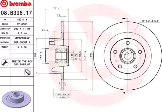 BREMBO BEARING DISC LINE 08.B396.17 Brake disc 300x11mm, 5, solid